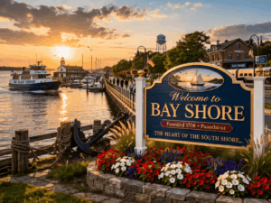 Bay Shore downtown and waterfront area on Long Island